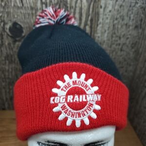 Cog Railway The Mount Washington Beanie Hat Red & Black Pom One Size Embroidered